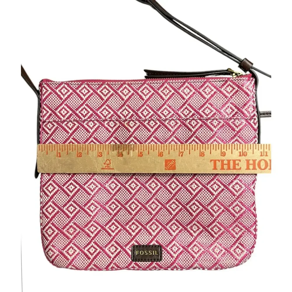 Fossil Purse Pink White Straw Leather Trim Crossbody Bag - Picture 9 of 10